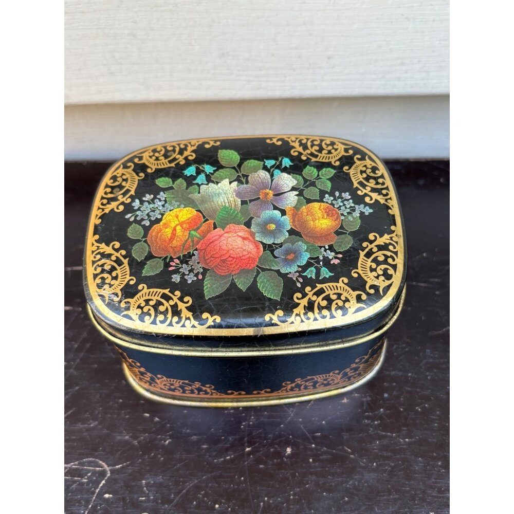 Daher England Metal Hinged Tea Tin Trinket Crackled Black Gold Flower Container